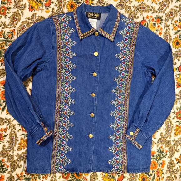 Bob Mackie Jackets & Blazers - Bob‎ Mackie Vintage Blue Denim Shirt Jacket Floral Embroidered Size Small